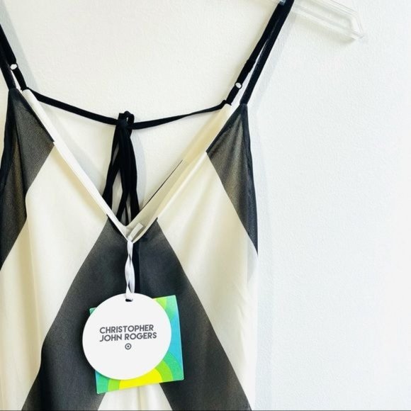 Christopher John Rogers Stripe Slip Dress Size 2 Black White Chevron Maxi Slit - Picture 3 of 12